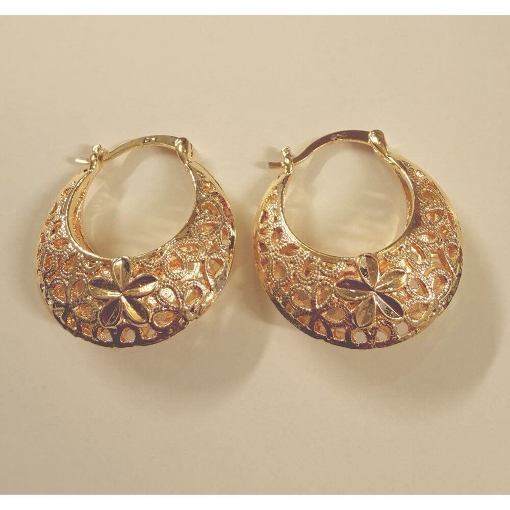 Gold Filled Med Oro Laminado Elegant Round Basket Flower Click Top Earrings